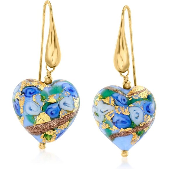 Italian Murano Glass Heart Drop Earrings in 18kt Gold Over Sterling - Picture 1 of 6